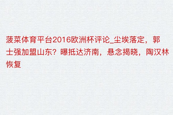 菠菜体育平台2016欧洲杯评论_尘埃落定，郭士强加盟山东？曝抵达济南，悬念揭晓，陶汉林恢复